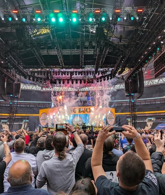 The Young Bucks make their entrance, with pyro, at Wembley Stadium