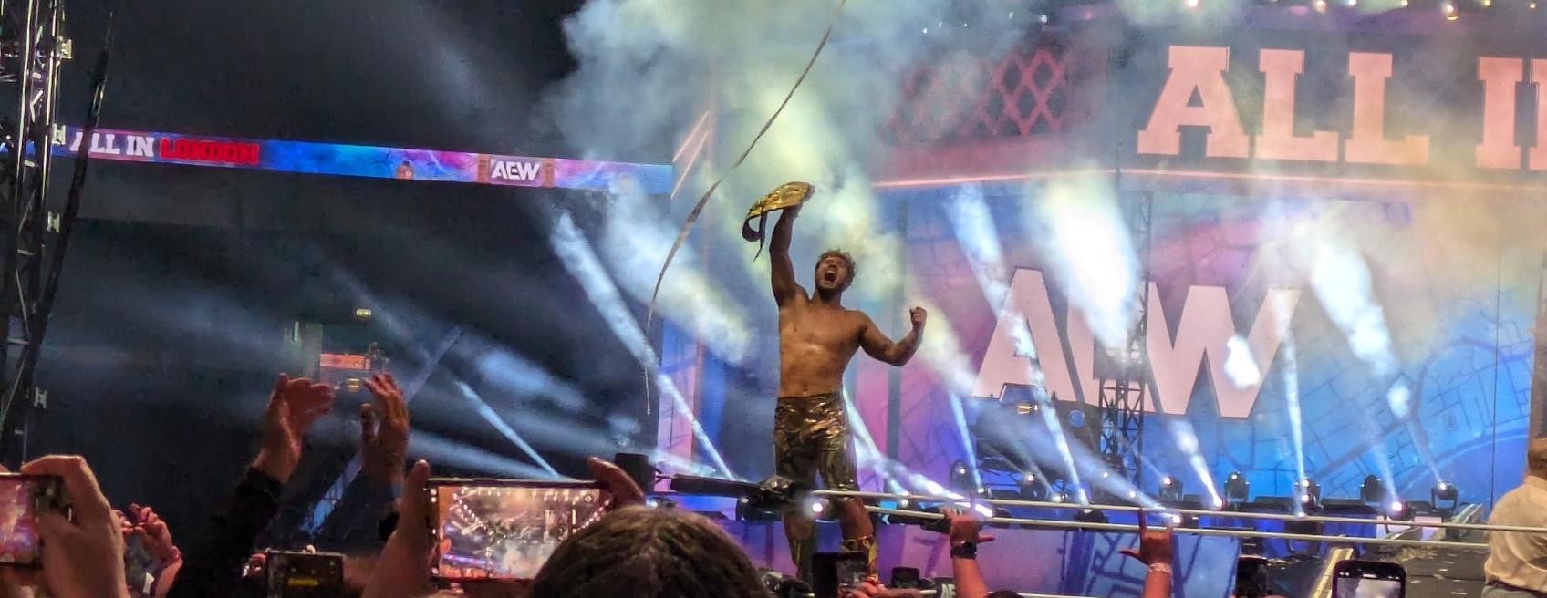 Will Ospreay celebrates winning the AEW American Title at Wembley Stadium
