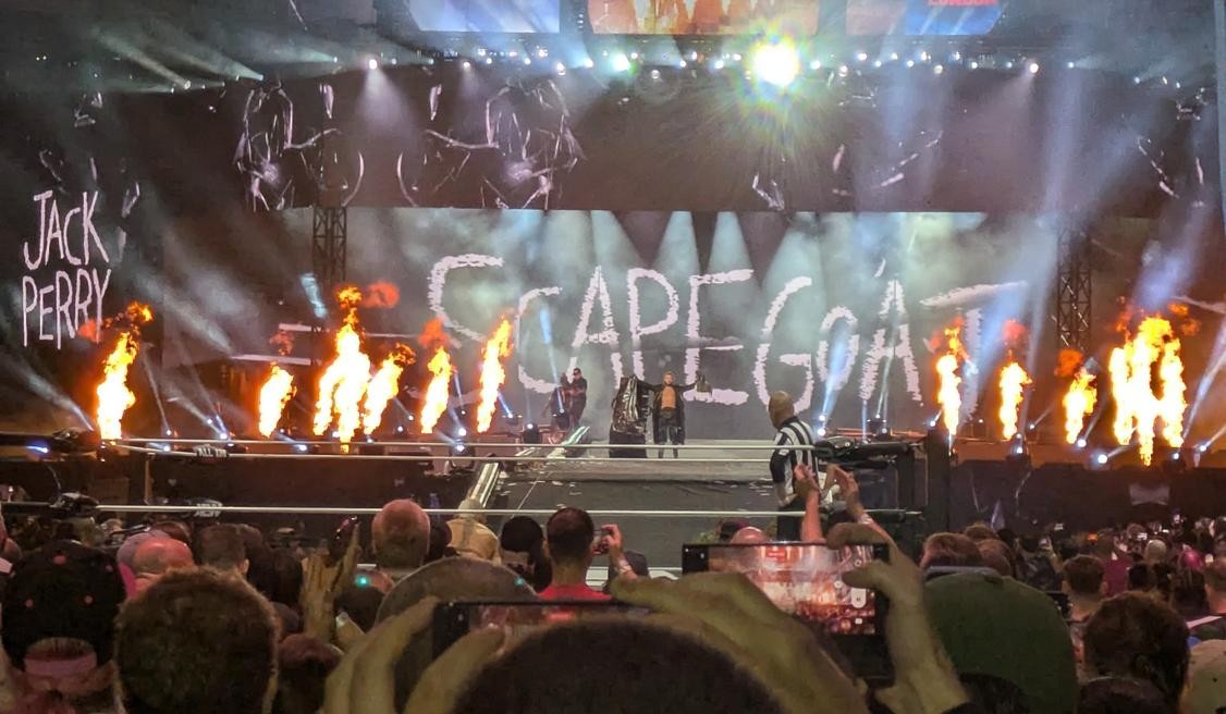 Jack Perry makes his entrance, with pyro, at Wembley Stadium