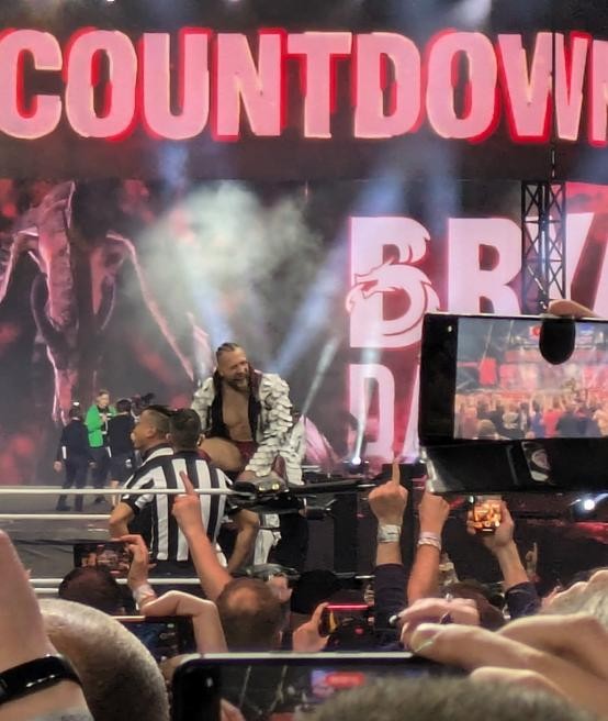 Bryan Danielson laughs along as the Wembley crowd sings 'The Final Countdown'