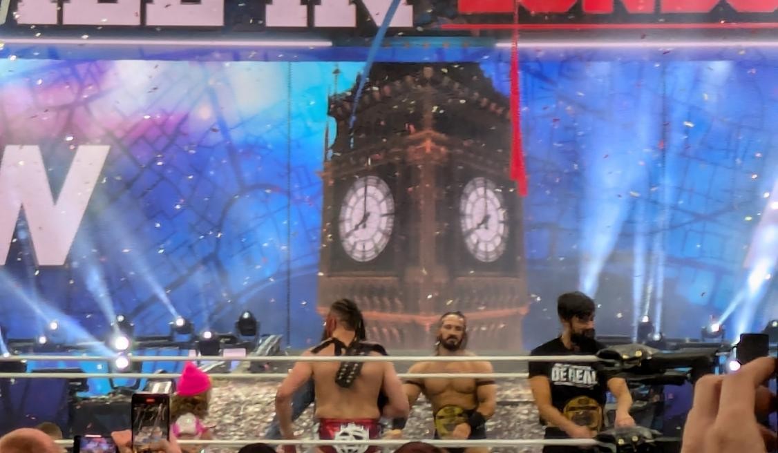 The Blackpool Combat Club celebrate with Bryan Danielson after his victory