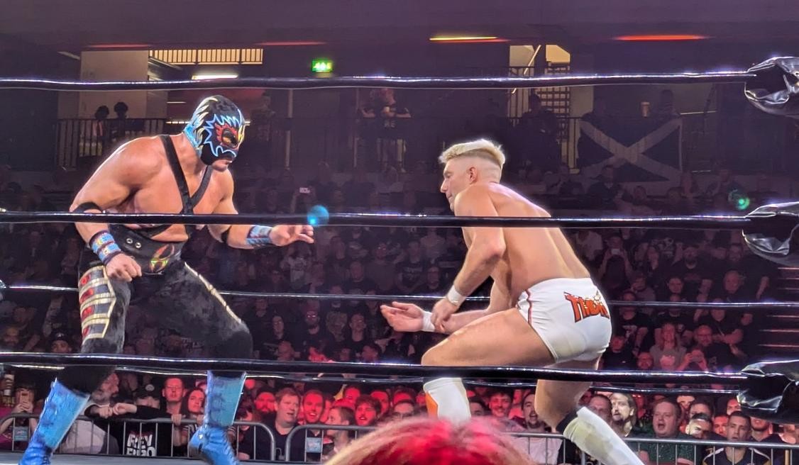 Hechicero and Zack Sabre Jr. squaring up ahead of their first lock-up