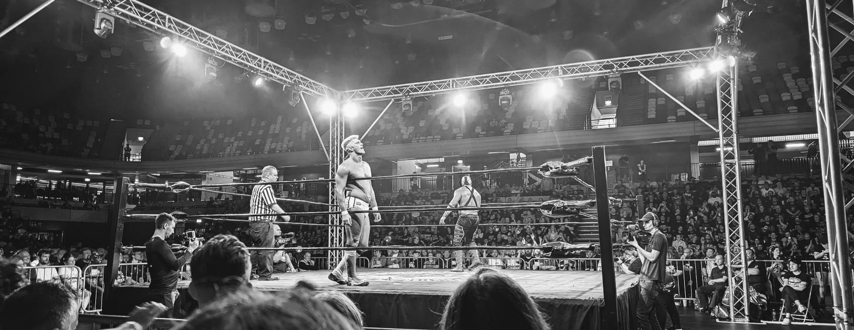 Zack Sabre Jr. and Hechicero in opposing corners as the Copper Box Arena looks on